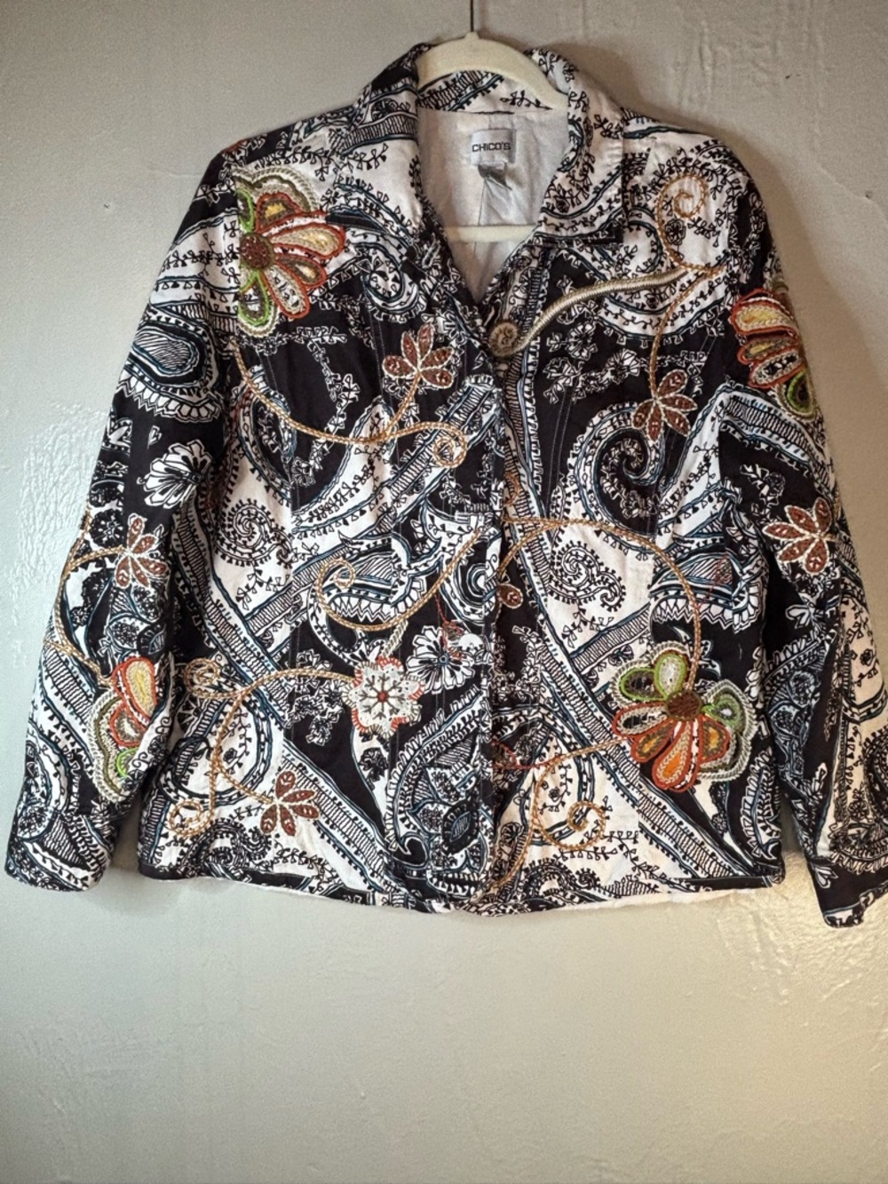Chico's Black & White Paisley Jacket with Multi-Color Embroidery